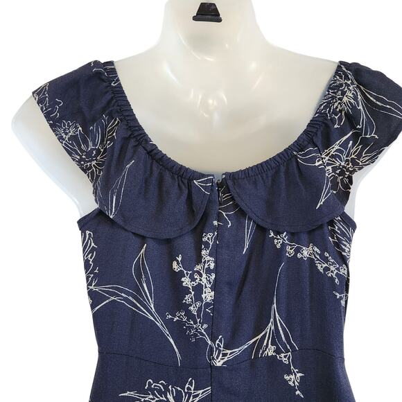 Carly Jean Off The Shoulder Midi Dress Ruffled Floral Navy Blue White Size Small - Picture 6 of 8